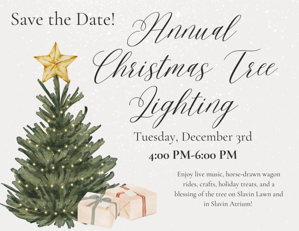 Light grey background with whit spots to represent snow and a tree with gifts on the left side of the poster