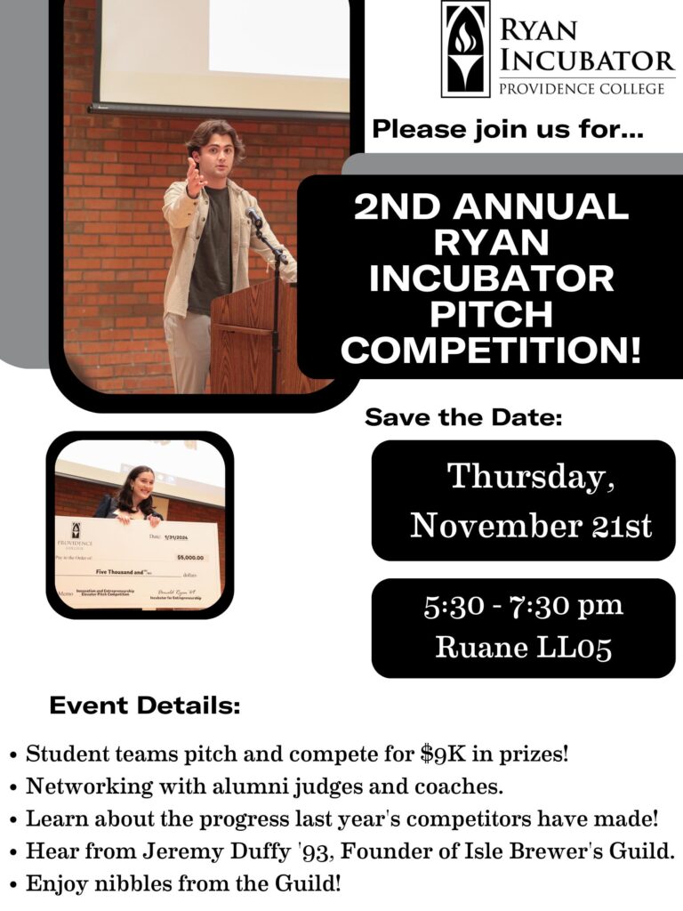 Poster emphasizing the attendance of the second annual Ryan Incubator Pitch Competition between students. Photos of people presenting and winning the pitch in previous years.