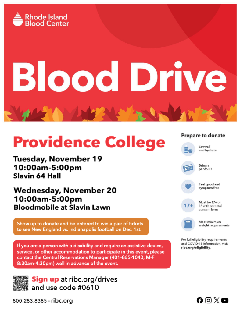 The flyer contains a red background/header with bold white text reading blood drive. It details the dates and times that the blood drive is occurring as well as how to sign up and where to go to donate.