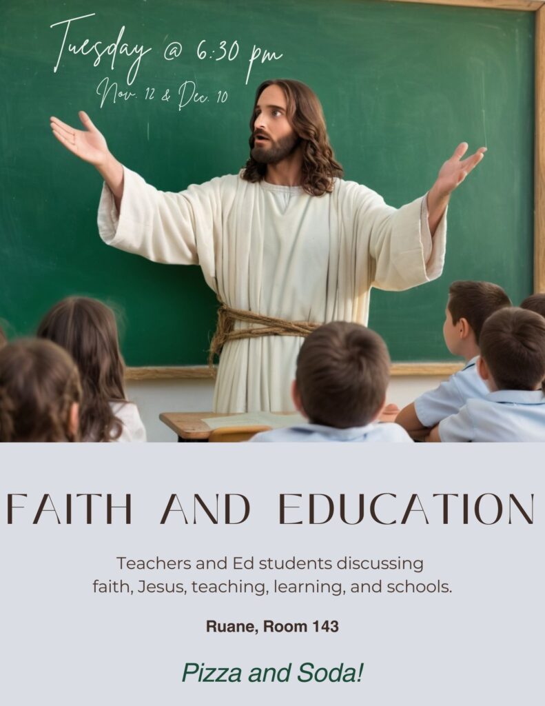 Fait and education poster with an image of kids and Jesus teaching them with the dates and hours of the events