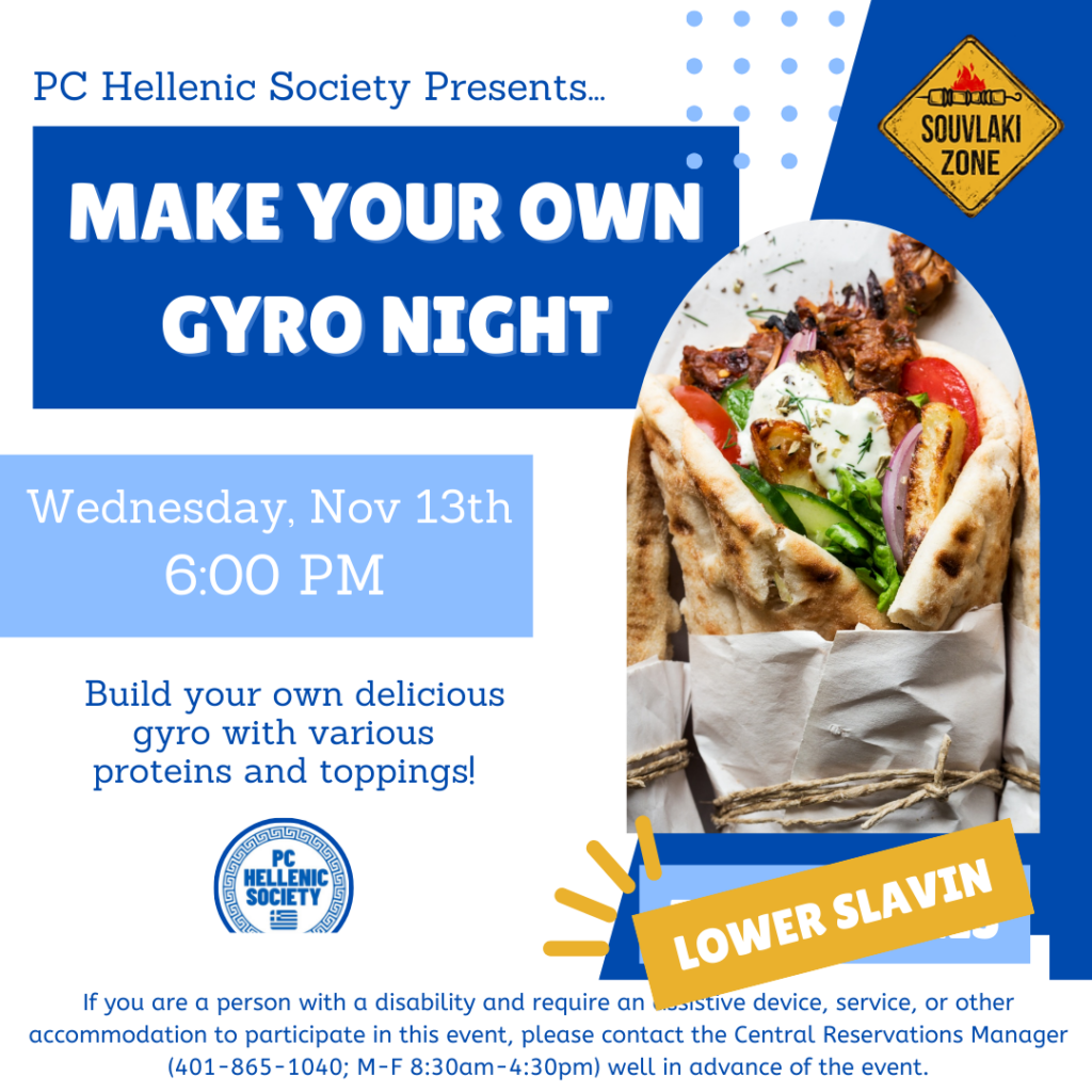 Blue and white poster for make your own gyro night with a picture of a gyro