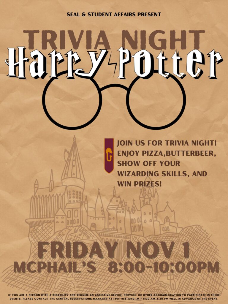 Harry Potter Trivia poster with pictures of glasses and an outline of a castle