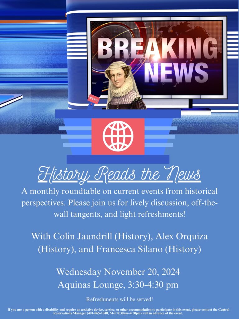 Blue background with image of Mary Queen of Scots behind a news desk with event text below.