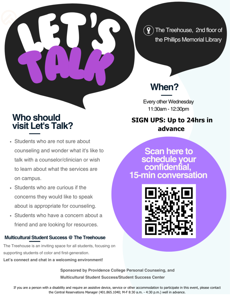 The flyer has bubbles that talks about the Let's Talk program and has a QR code to sign up for it.