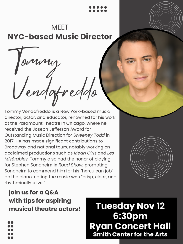 NYC based music director meet and greet with Tommy Vendafreddo with a picture of him and the information above