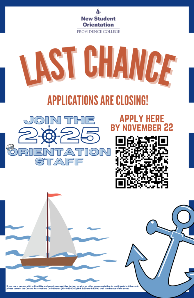 Orientation Leader last chance to apply poster, this poster is ocean themed and has an image of a boat and an anchor as well as a QR code to apply by November 22