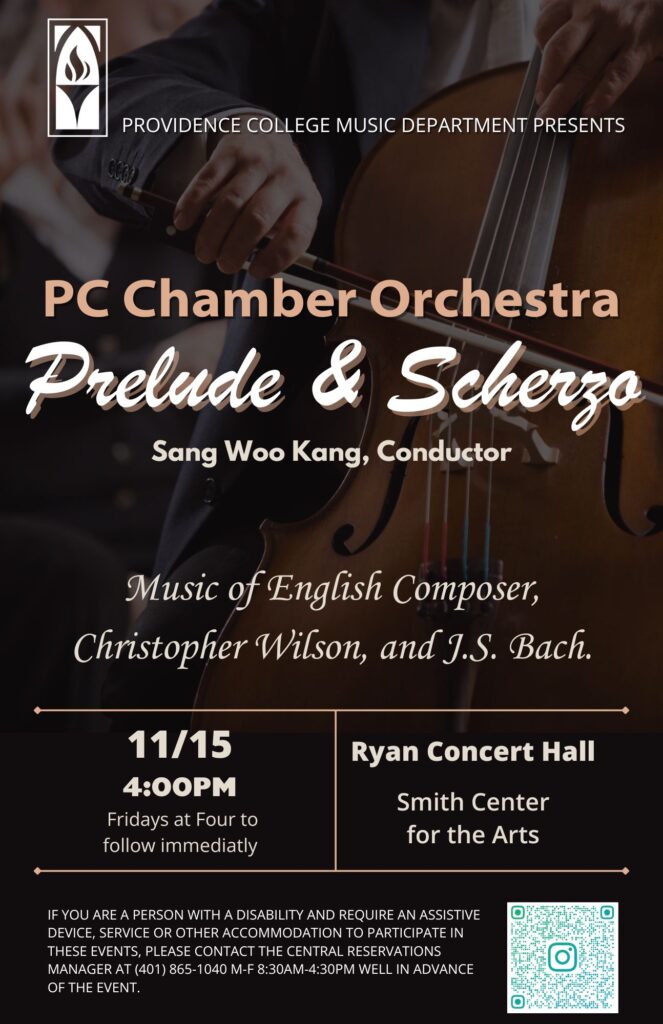 Poster with someone playing the cello in the back with the information given above. There is a QR link on the bottom right