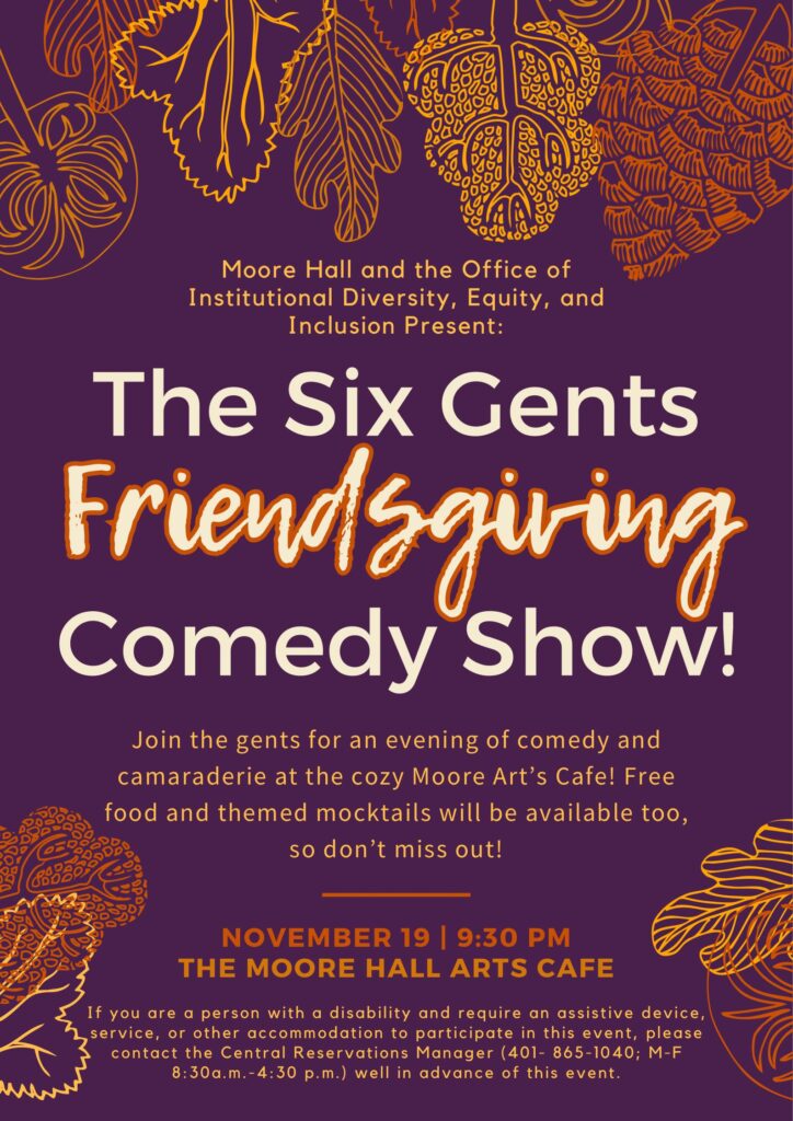 A purple and orange colored posted with an autumn leaf border advertising a free comedy show on Tuesday, November 19th at 9:30pm in the Moore Hall Arts Cafe.