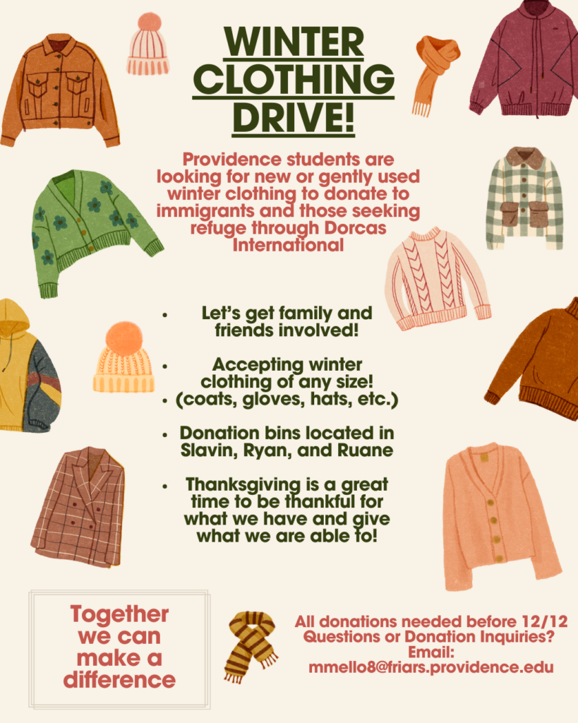 The flyer includes decorative clothing (hats, coats, scarves) surrounding the donation information.