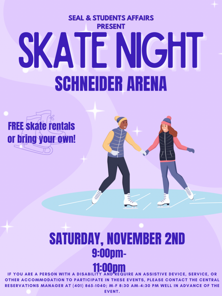 Skate night poster with purple background and stars there is also a image of two people ice skating