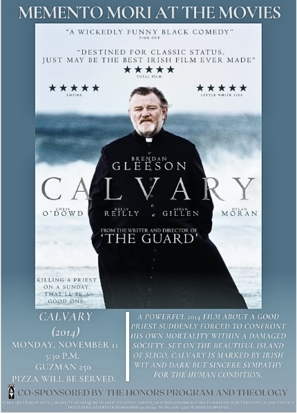 Image from official film release features older, bearded priest in flowing black cassock, pensive with hands in pockets, standing against an ocean shore, framed in cornflower blue, listing movie credits as well as event details.