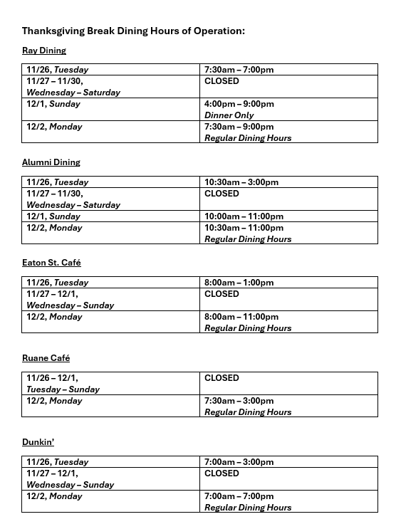 Adjusted dining hours for Thanksgiving Break.