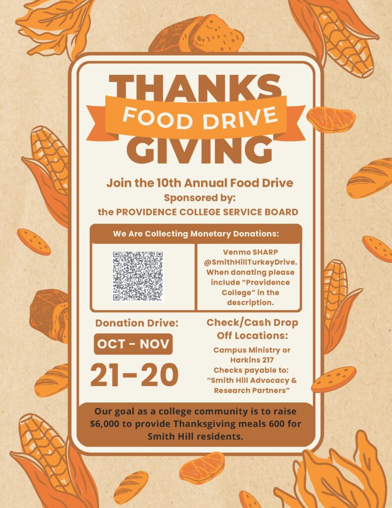 Thanksgiving Food Drive poster with images of corn, bread and cookies in the background

