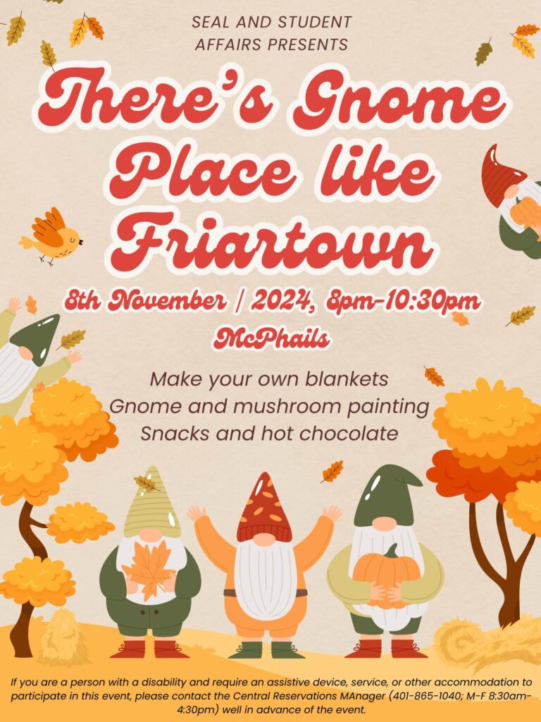 Autumn scene with gnomes, text describing the announcement details