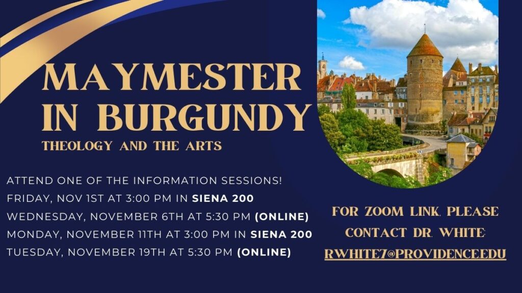 Blue background poster for Maymester in Burgundy with a picture of the city and information about the information sessions