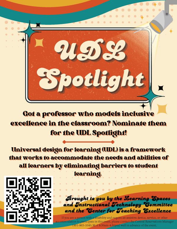 Information about the UDL Spotlight initiative, including a QR code where you can nominate an inclusive instructor. This poster has a yellow background with orange, blue and yellow line waves