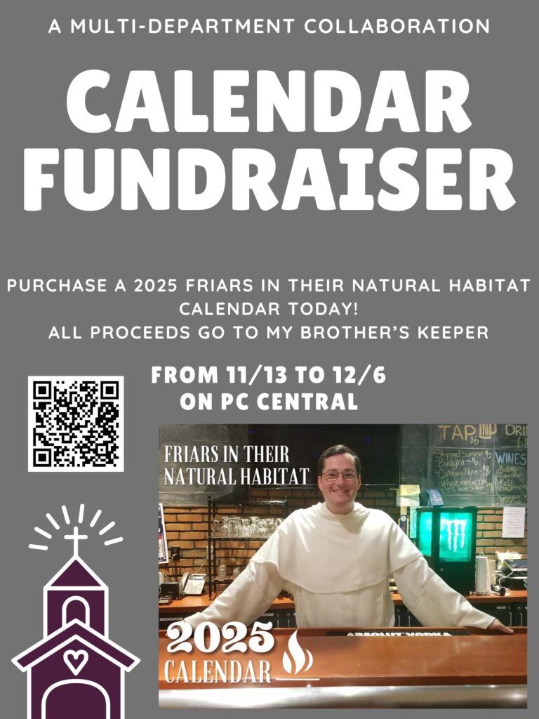 Grey background with information describing the Fundraiser as shown in the announcement details. Also, an image of Father Simon on the front of the calendar, standing at the bar in McPhails and smiling.
