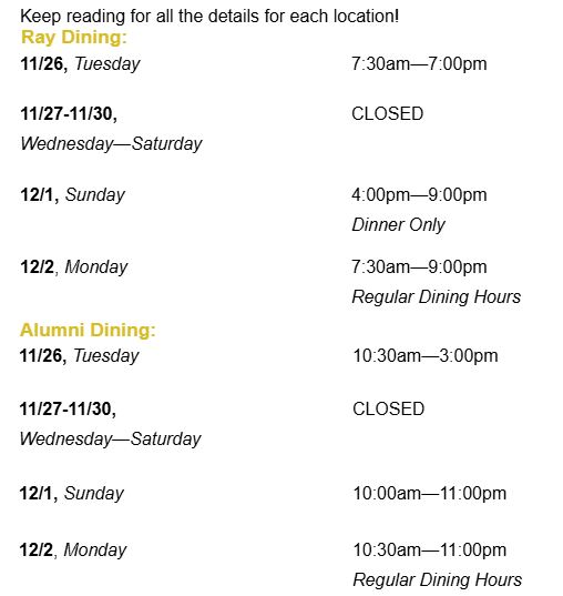 Ray Dining, Alumni Dining, East st Cafe, Ruane Cafe, and Dunkin thanksgiving break hours