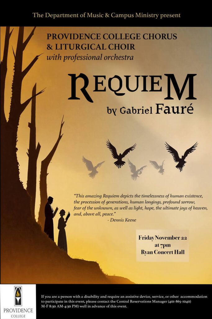 PC Chorus Concert Friday 11/22 at 7pm in the Ryan Concert Hall poster, with images of two people with books with trees on behind them and birds flying , the background is yellow