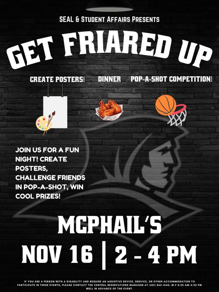 Black brick background with a friar logo with images of a painting canvas, chicken wings and a basketball hoop