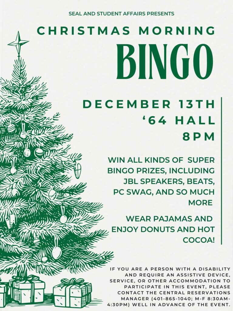 White background flyer with a green christmas tree with gifts on the left side