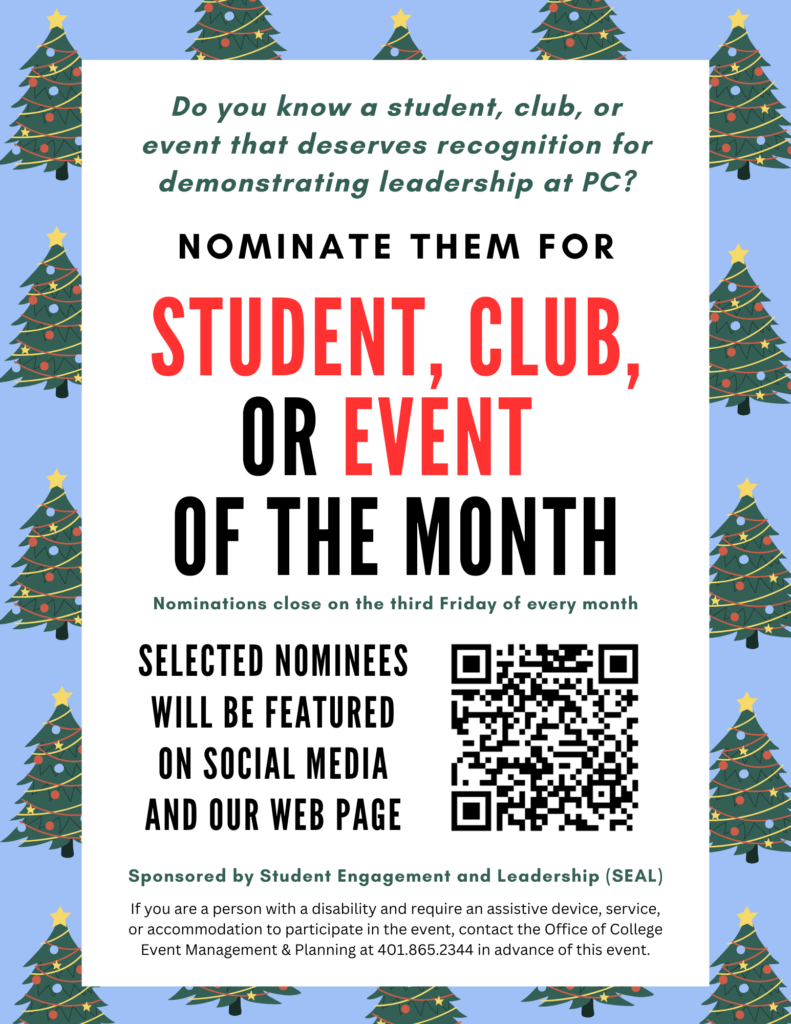 A flyer advertising the nomination process for student, club, or event of the month. A QR Code links to the nomination form at the bottom of the flyer.