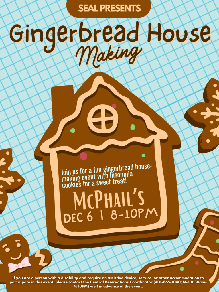 poster with squares in the back with an image of a gingerbread house with the information given on it