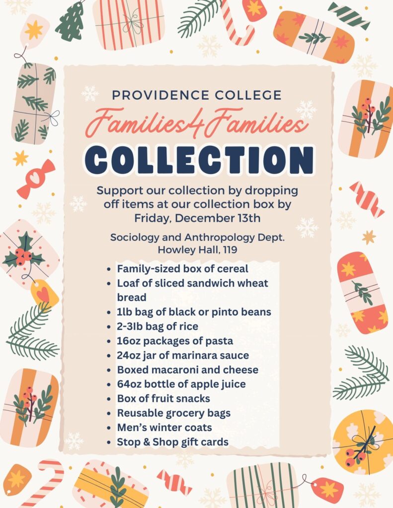 food drive poster with images of gifts around the information about the collection for families4families