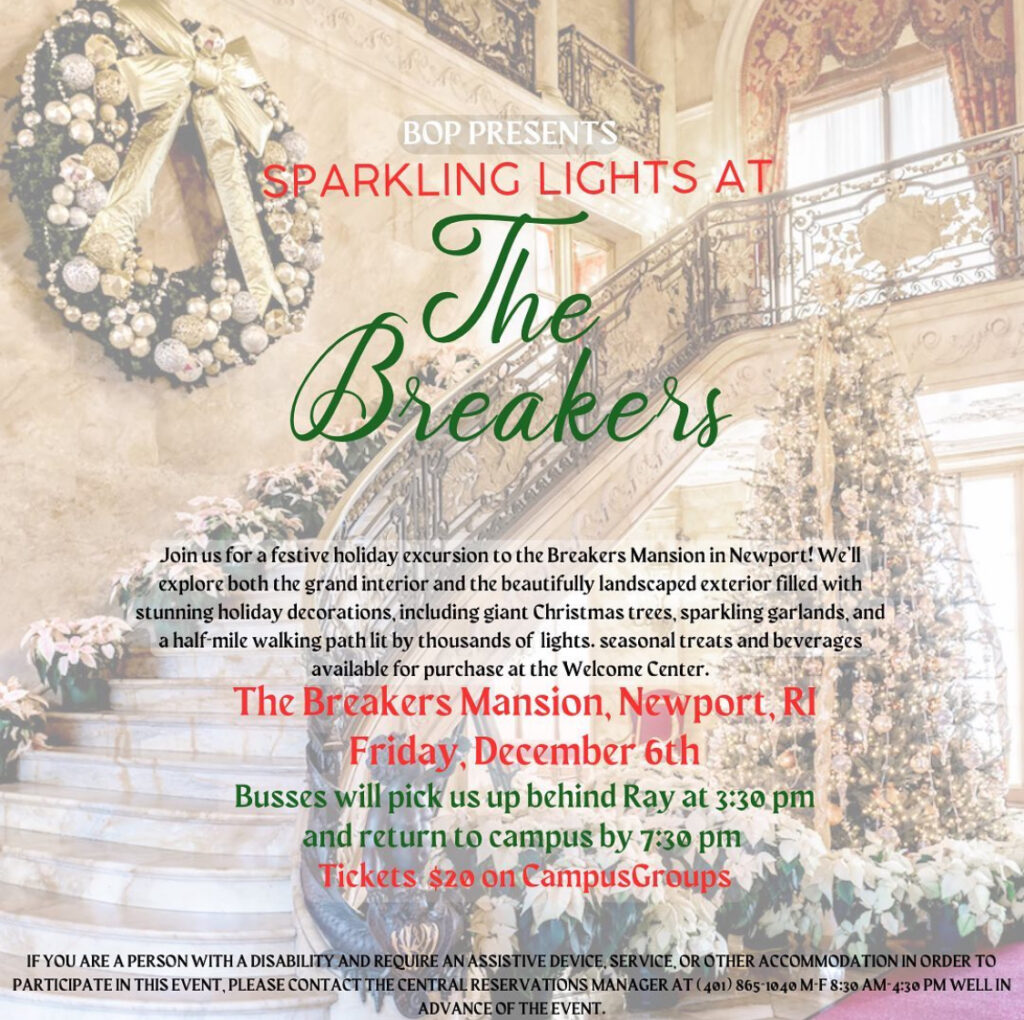 Image of The Breakers Mansion staircase with cream walls, Christmas wreath on left wall of staircase and a Christmas tree at the bottom of it regarding the Sparkling Lights at the Breakers event. 