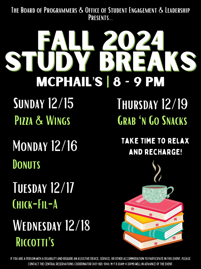 Flyer with black background with white and green letters and an image of books on the bottom right corner