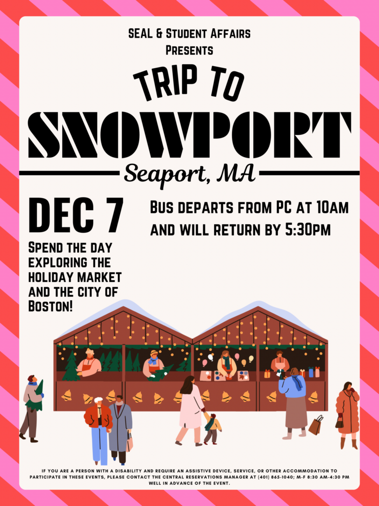 Tan background with red and pink striped border and image of people shopping in a marketplace regarding trip to Snowport Seaport, MA. 