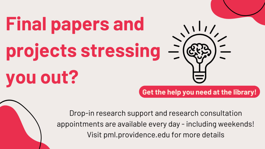 A graphic design that invites students who are having trouble with a final paper or research project to contact PC librarians for research help.