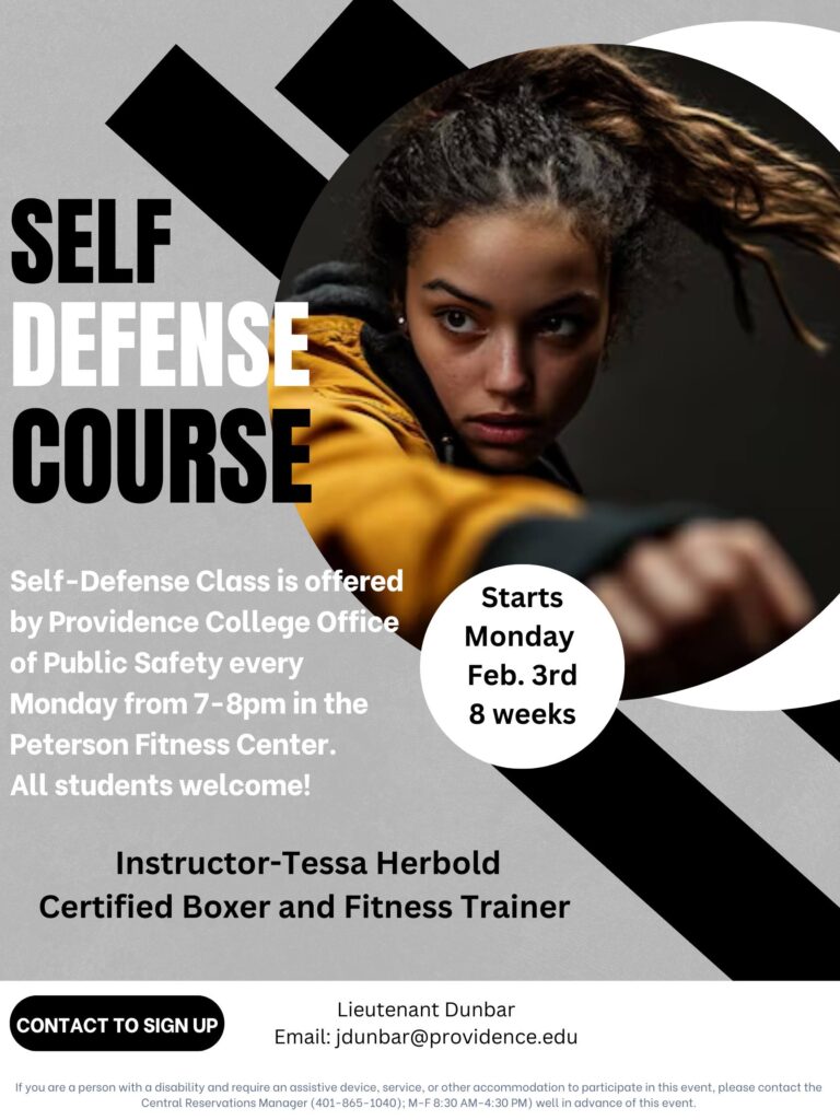 Self-defense course poster with a gray and black background and image of a girl 