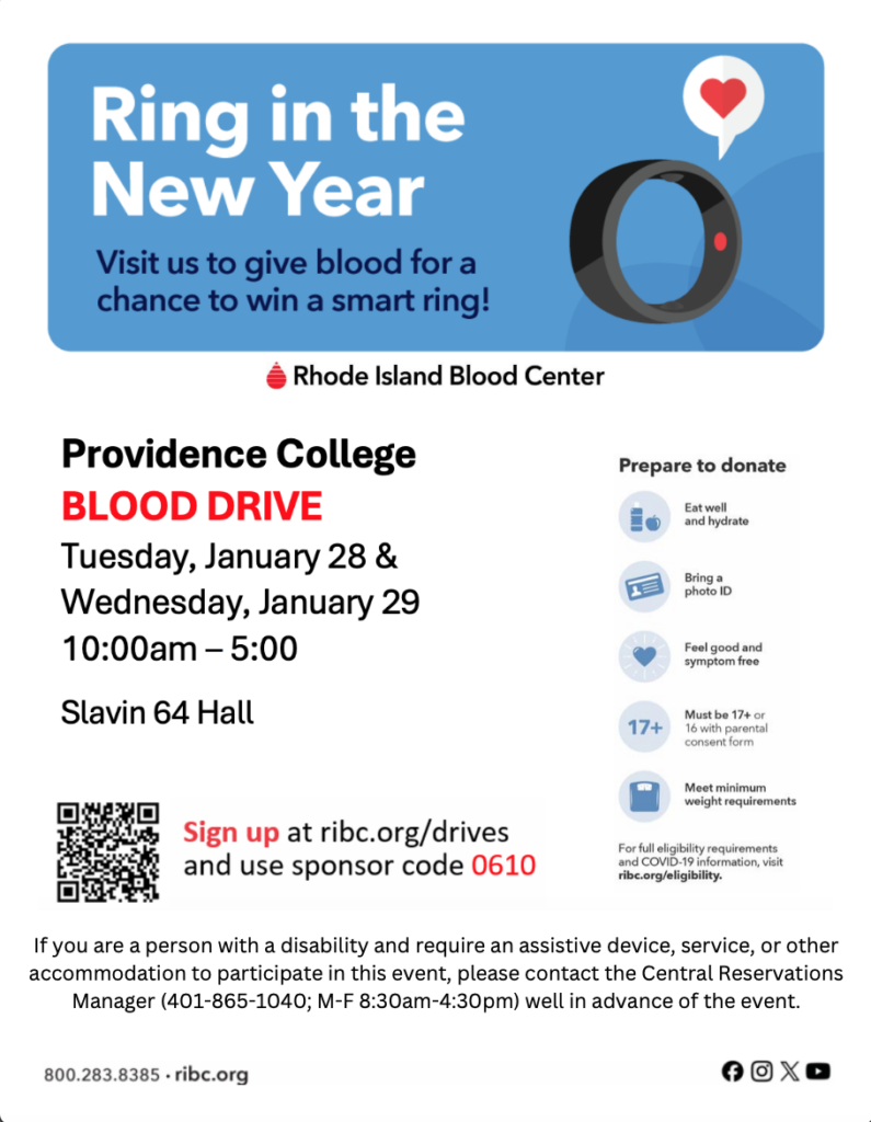 The flyer contains a blue background/header with bold white text reading blood drive. It details the dates and times that the blood drive is occurring as well as how to sign up