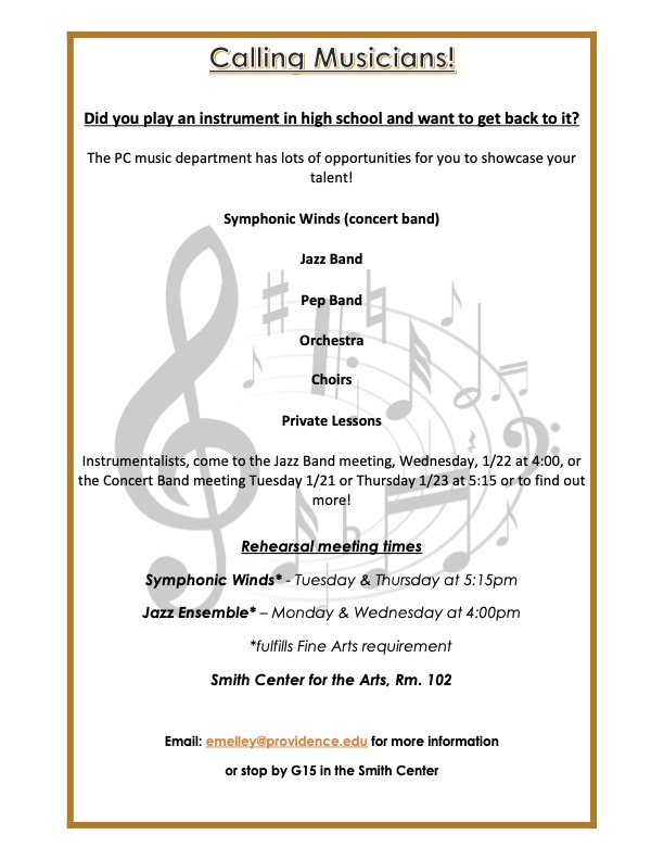 white background with music notes in gray, with information for the meeting for the Symphonic Winds and Jazz Ensemble