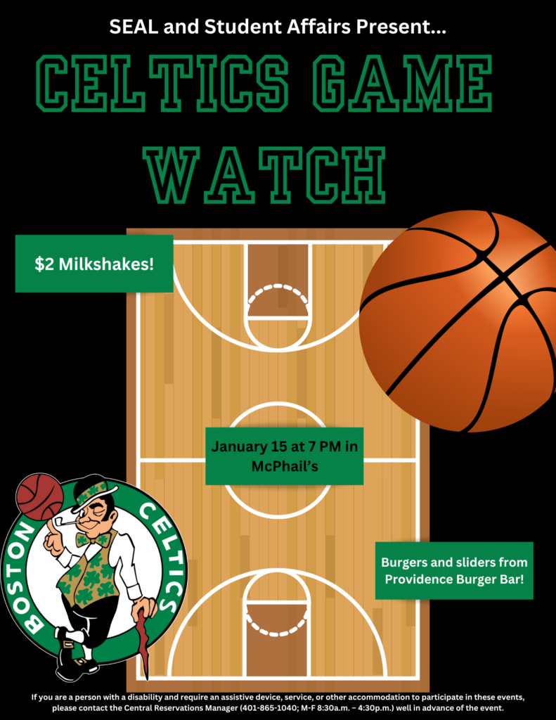 Black background poster with image of basketball court and the Boston Celtics logo