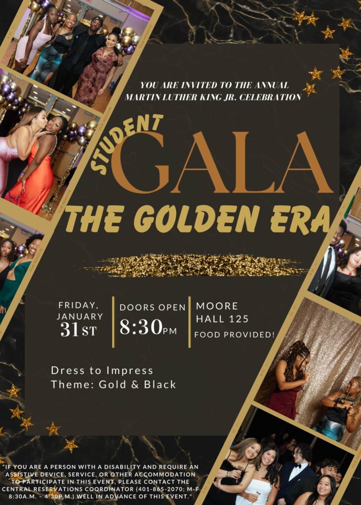 Multiple stars  around the poster and picture of students at the last year's gala