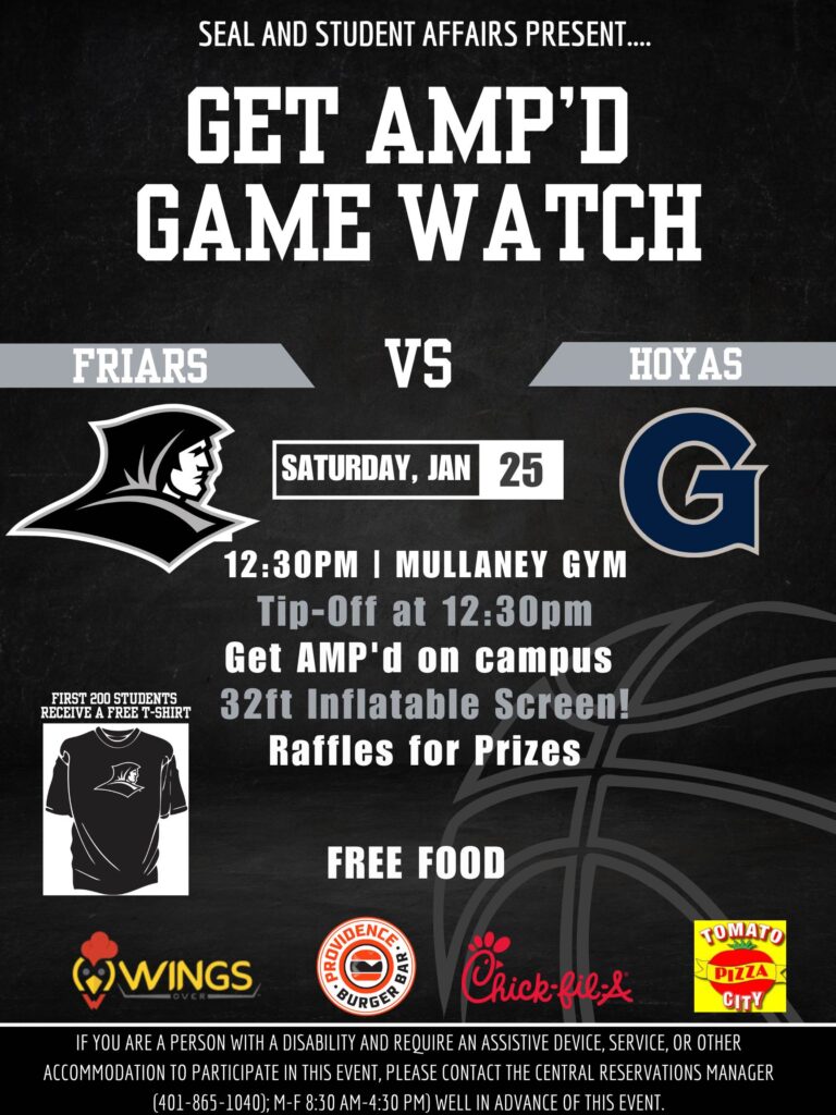 Black background wiht logos from PC friars, Georgetown Hoyas, and from the food there will be at the event