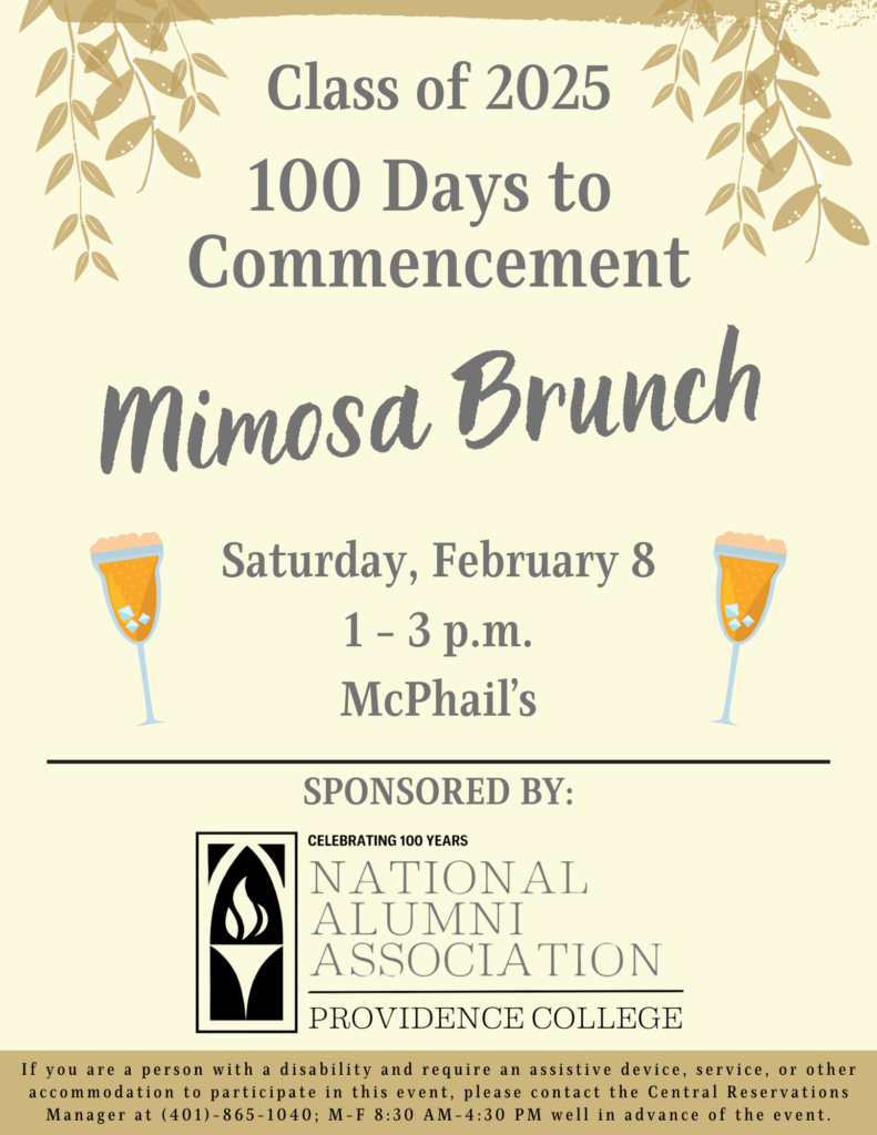 yellow background with leaves falling from top, there are images of mimosas in both sides from the date and a providence college national alumni association logo