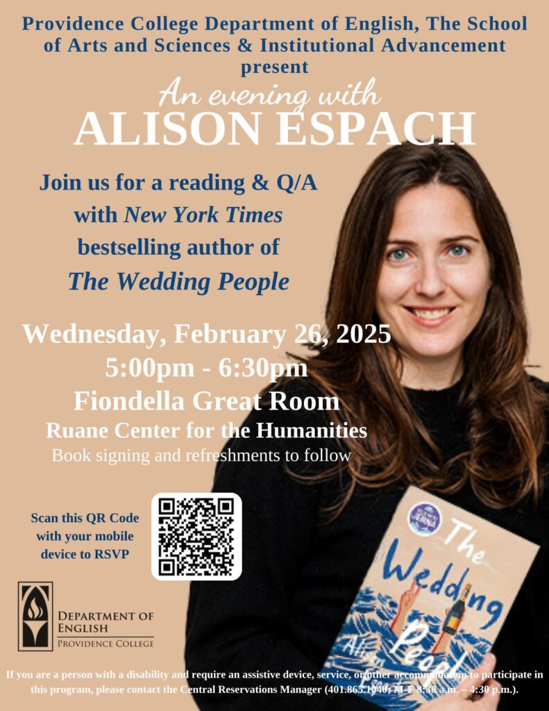 Prof. Alison Espach holding copy of book, The Wedding People