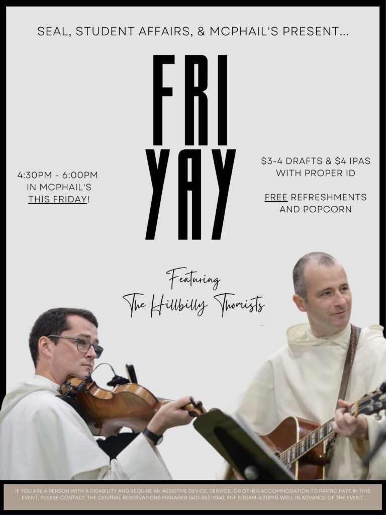 Friyay title with picture of the hillbilly thomists playing the instruments