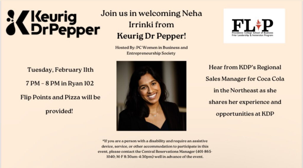 Image of Neha Irrinki - she will be sharing her experience as KDP's Regional Sales Manager for Coca Cola in the Northeast and opportunities at Keurig Dr Pepper. There is also a logo from "Keurig DrPepper" 