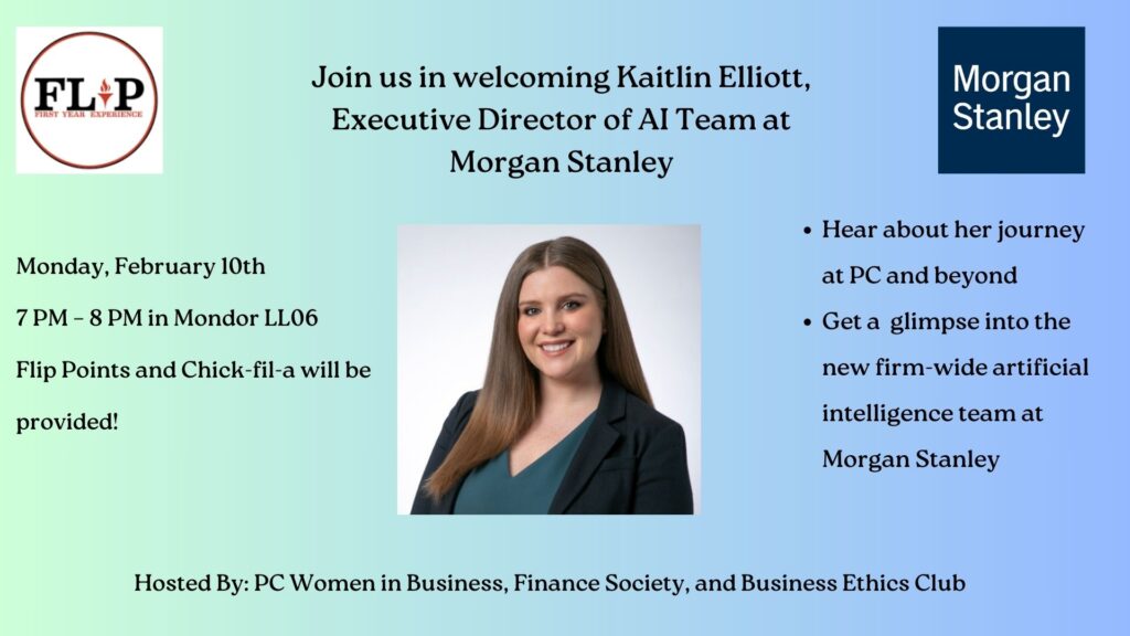 picture of Kaitlin Elliot - Executive Director of AI Team at Morgan Stanley, the background of the flyer has a gradient of green to blue