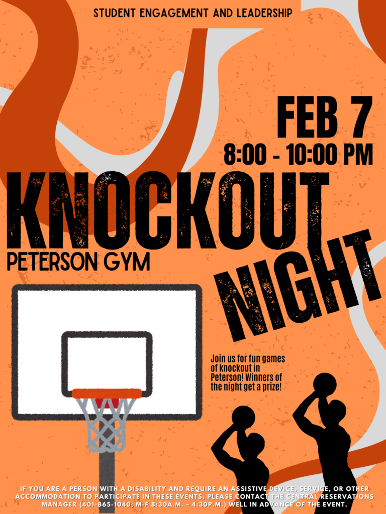 Orange poster with wavy lines, there is an image of a basketball hoop and the shadow of two people 