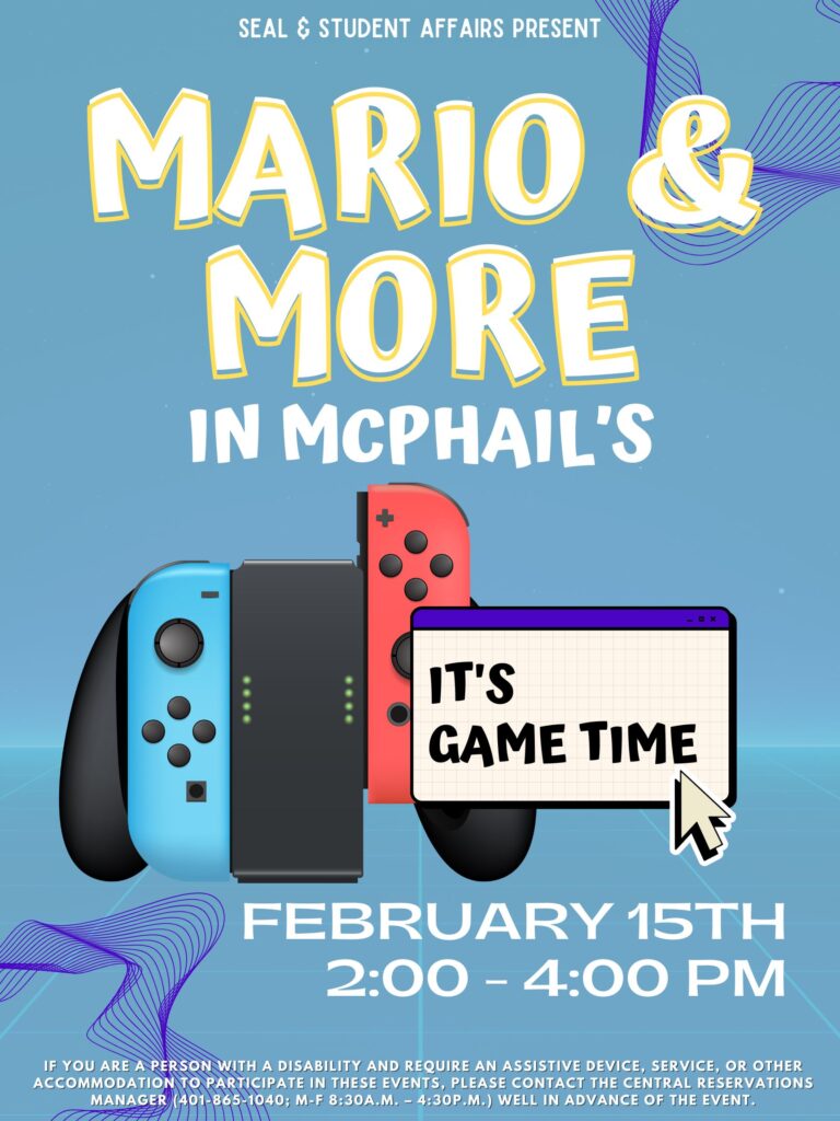 Blue background with white lettering with a gaming controller on it for Mario and More event on February 15.  