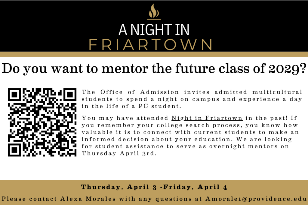 A night in friartown title with a qr code to register