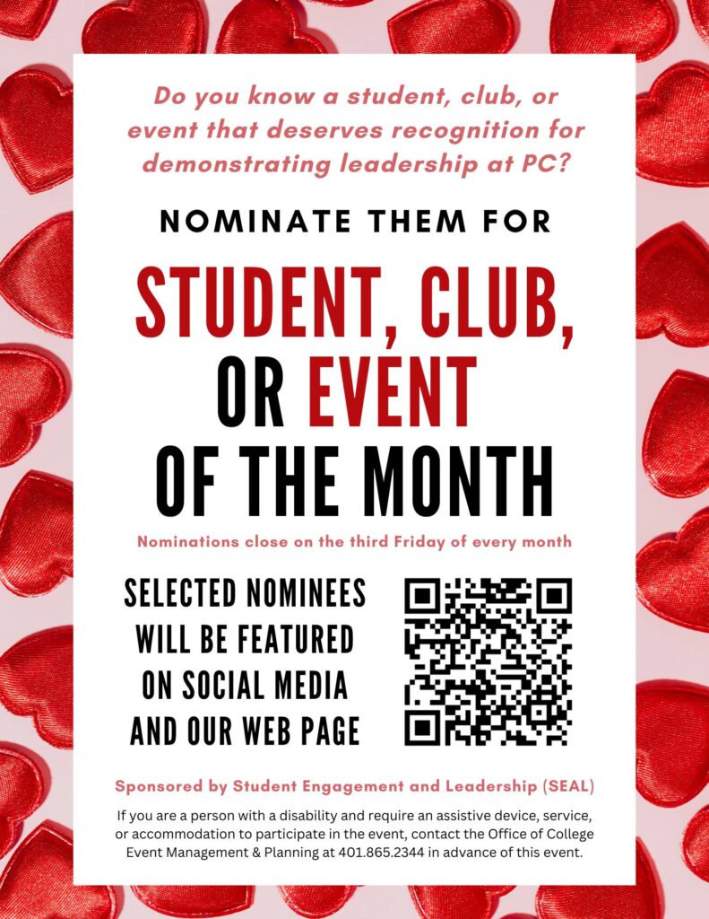 A flyer advertising the nomination process for student, club, or event of the month. A QR Code links to the nomination form at the bottom of the flyer.