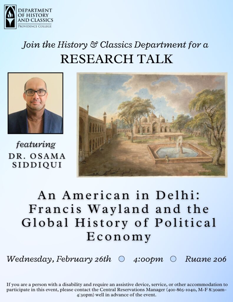 a picture of Dr. Osama Siddiqui next to an illustration of a courtyard in Delhi, above the event information text
