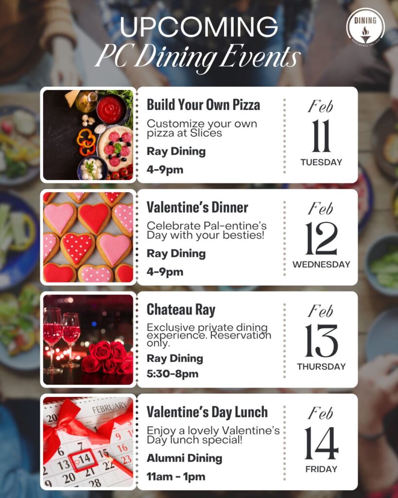 Dining events flyer with pictures of pizza, cookies, roses, and calendar