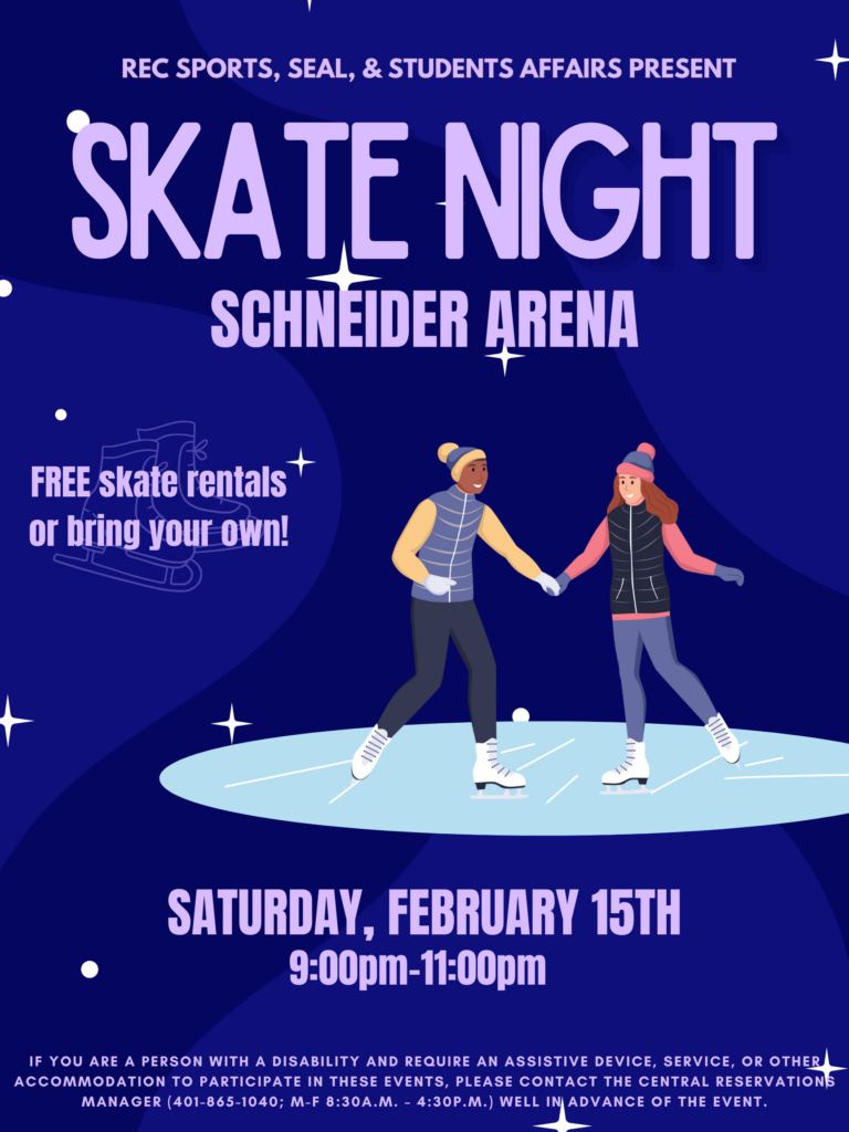 Blue background with purple lettering with two people ice skating for the Skate Night event on 2/15 from 9-11pm.  